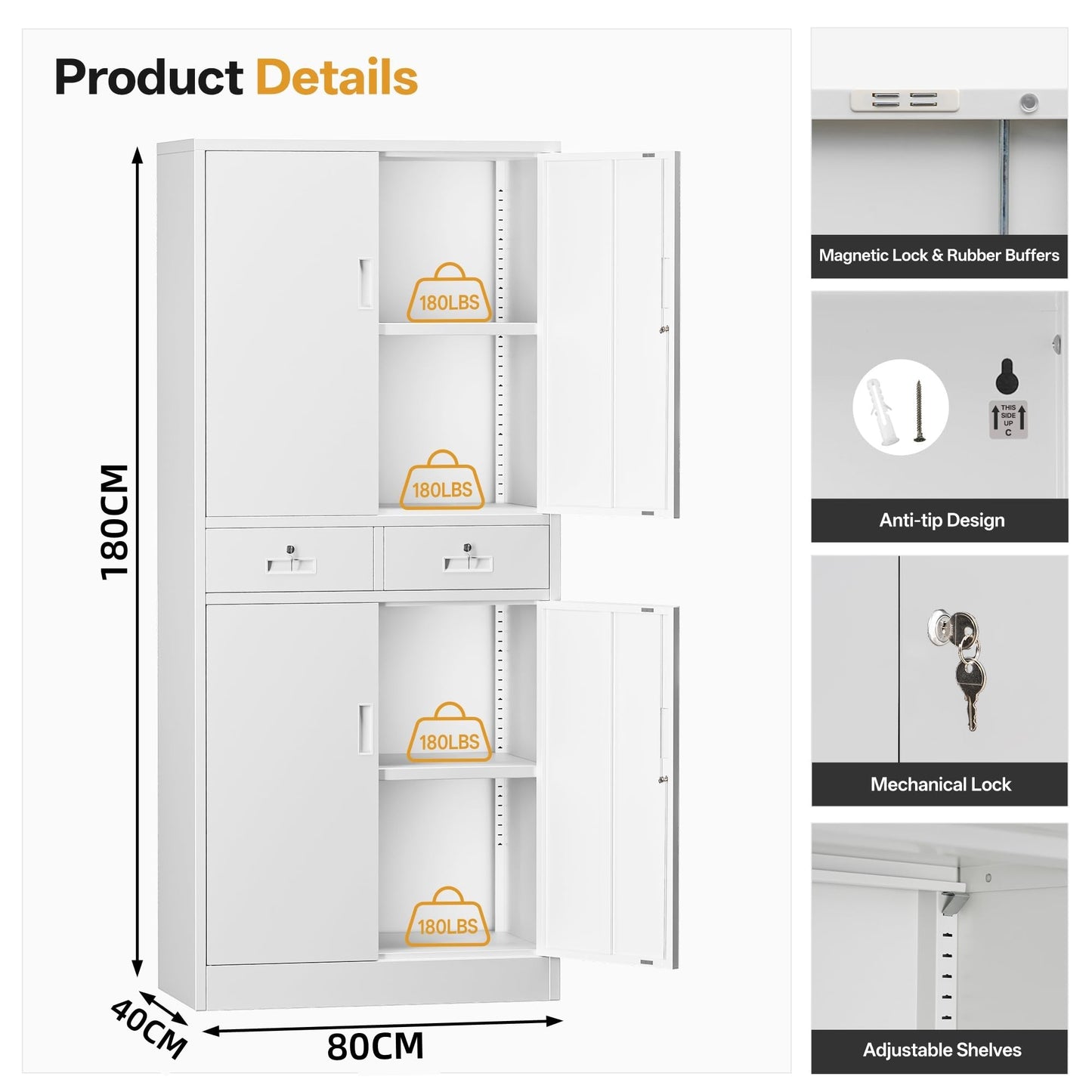Metal Storage Cabinet, Tall Locking Storage Cabinet, White, 180*80*40cm