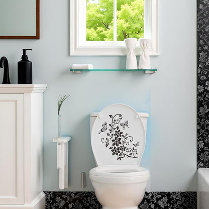 Black Flowers Butterfly Bathroom Toilet Seat Lid Cover Decals Stickers PVC Sticker Removable Self-Adhesive Restroom Decor Art Decoration Toilet Lid