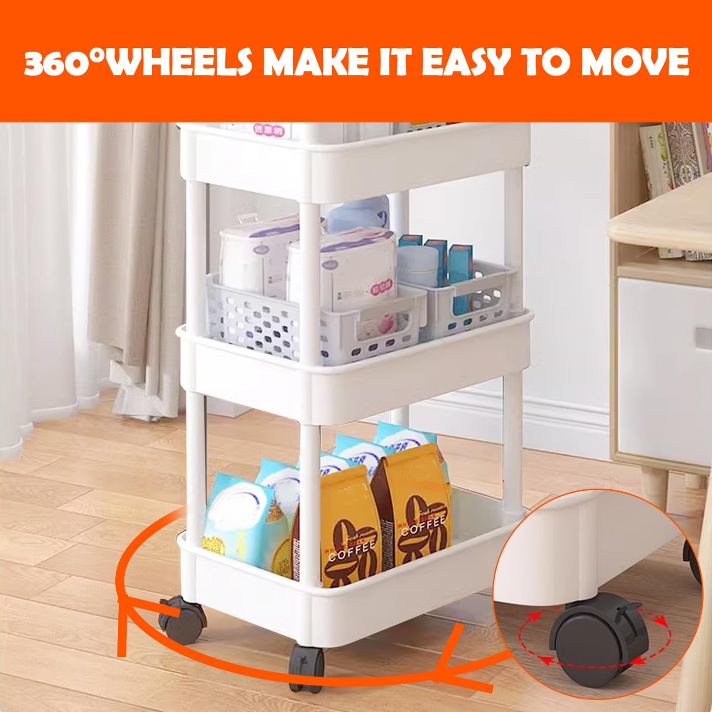 Trendecor Storage Trolley Cart 3 Tier Plastic Rolling Storage Rack, Mobile Storage Shelving Organizer Utility Cart Snack Cart Trolley for Kitchen
