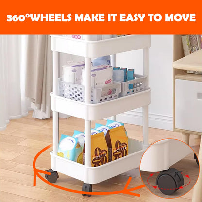 Trendecor Storage Trolley Cart 3 Tier Plastic Rolling Storage Rack, Mobile Storage Shelving Organizer Utility Cart Snack Cart Trolley for Kitchen