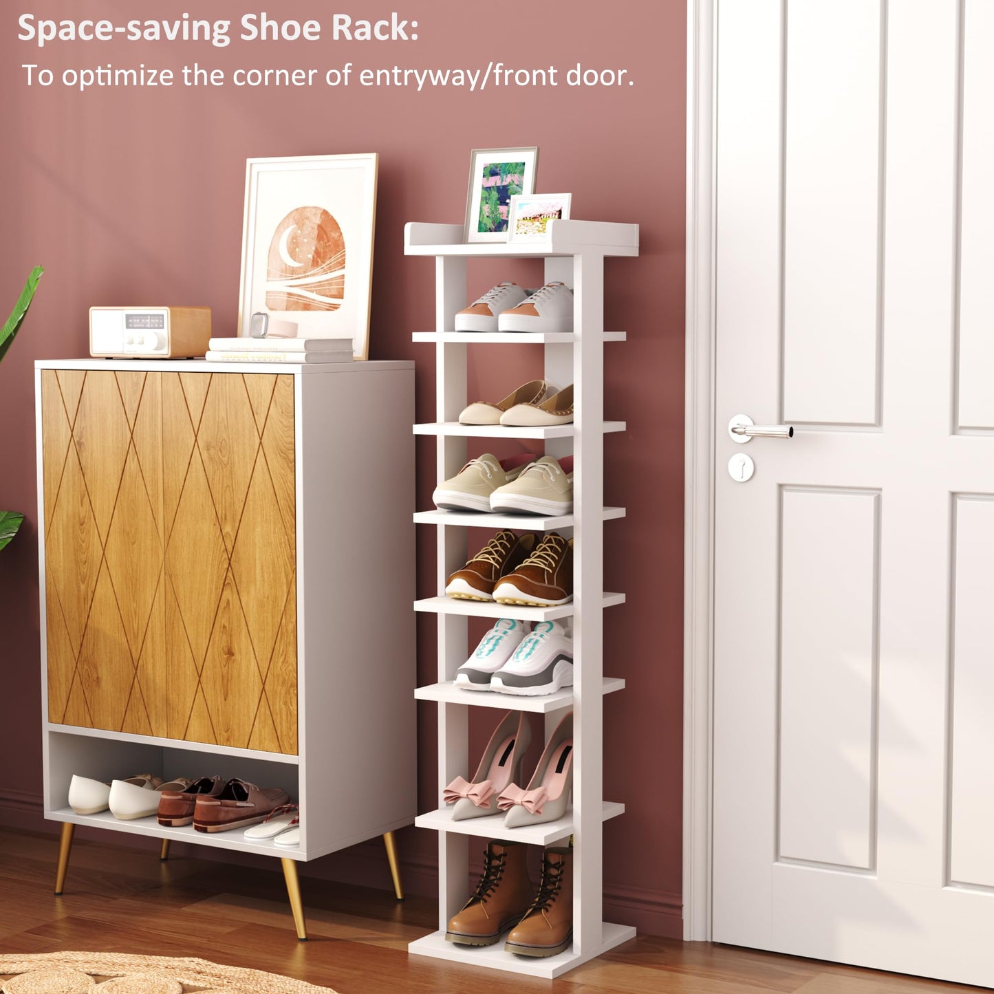 HOME BI 7 Tier Narrow Shoe Rack, Corner Shoe Tower,Slim Shoe Organizer,Wooden Shoe Storage Stand for Entryway, Hallway, Closet, White