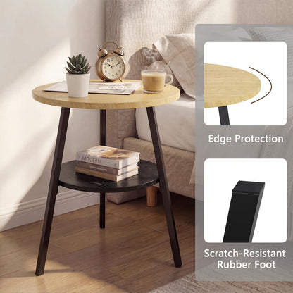 Small Round Side Table, 2-Tier Coffee Table with Storage Shelf