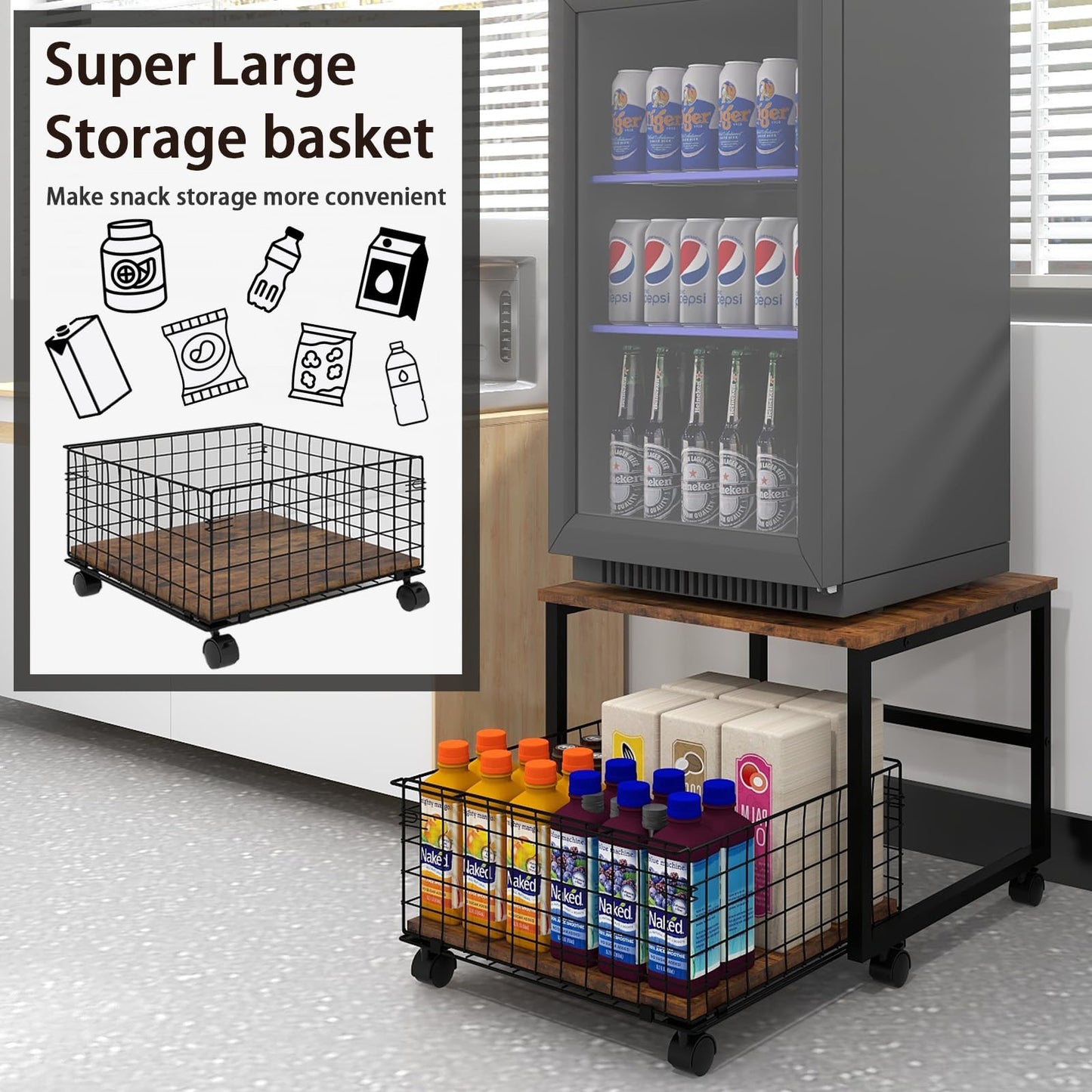 PUNCIA Mobile Mini Fridge Stand with Large Capacity Storage Portable Refrigerator Table with 4 Lockable Wheels Appliance Platform Table with Drawer