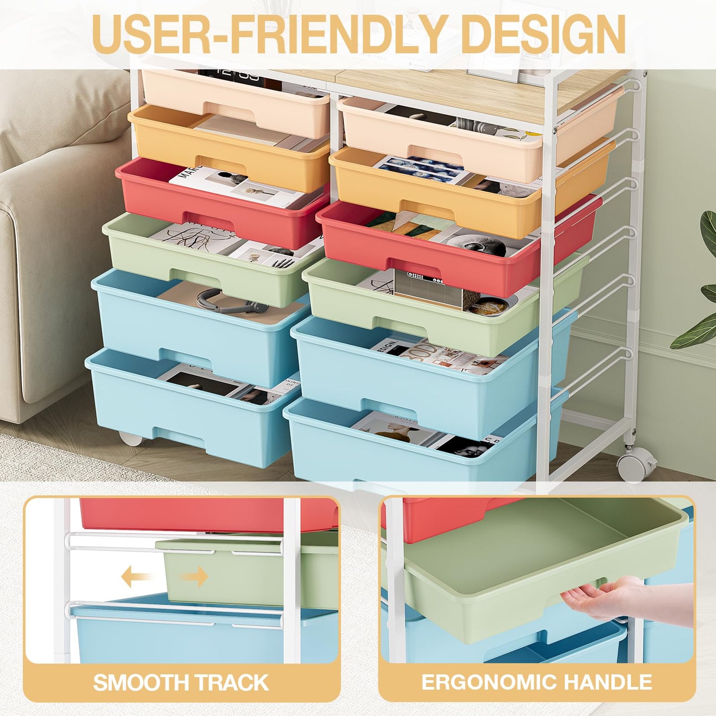 12-Drawer Craft Organizer Trolley Cart with Wooden Top