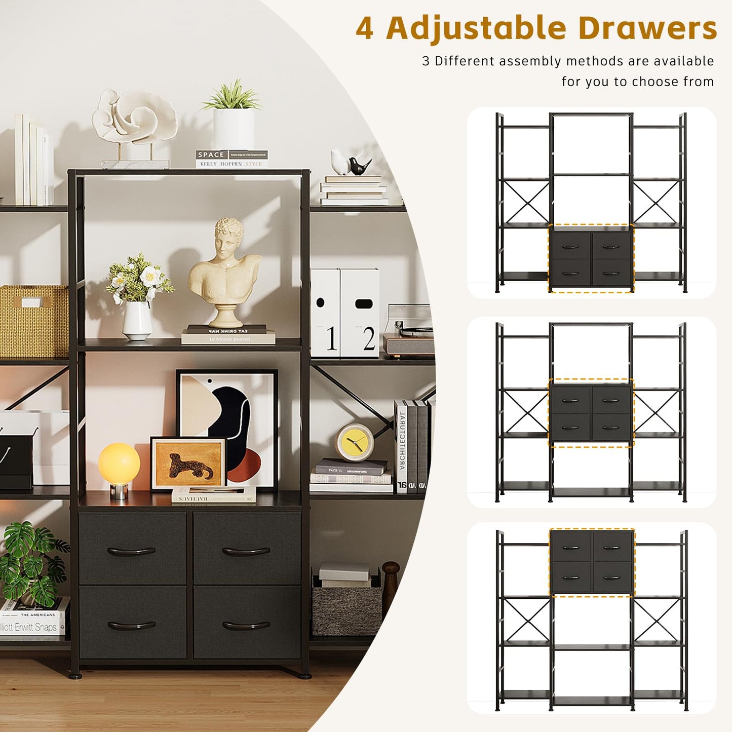 VERMESS 142W x142HcmTriple Book Shelf, Triple Bookshelf, 4 Tier Industrial Bookshelf for Home & Office