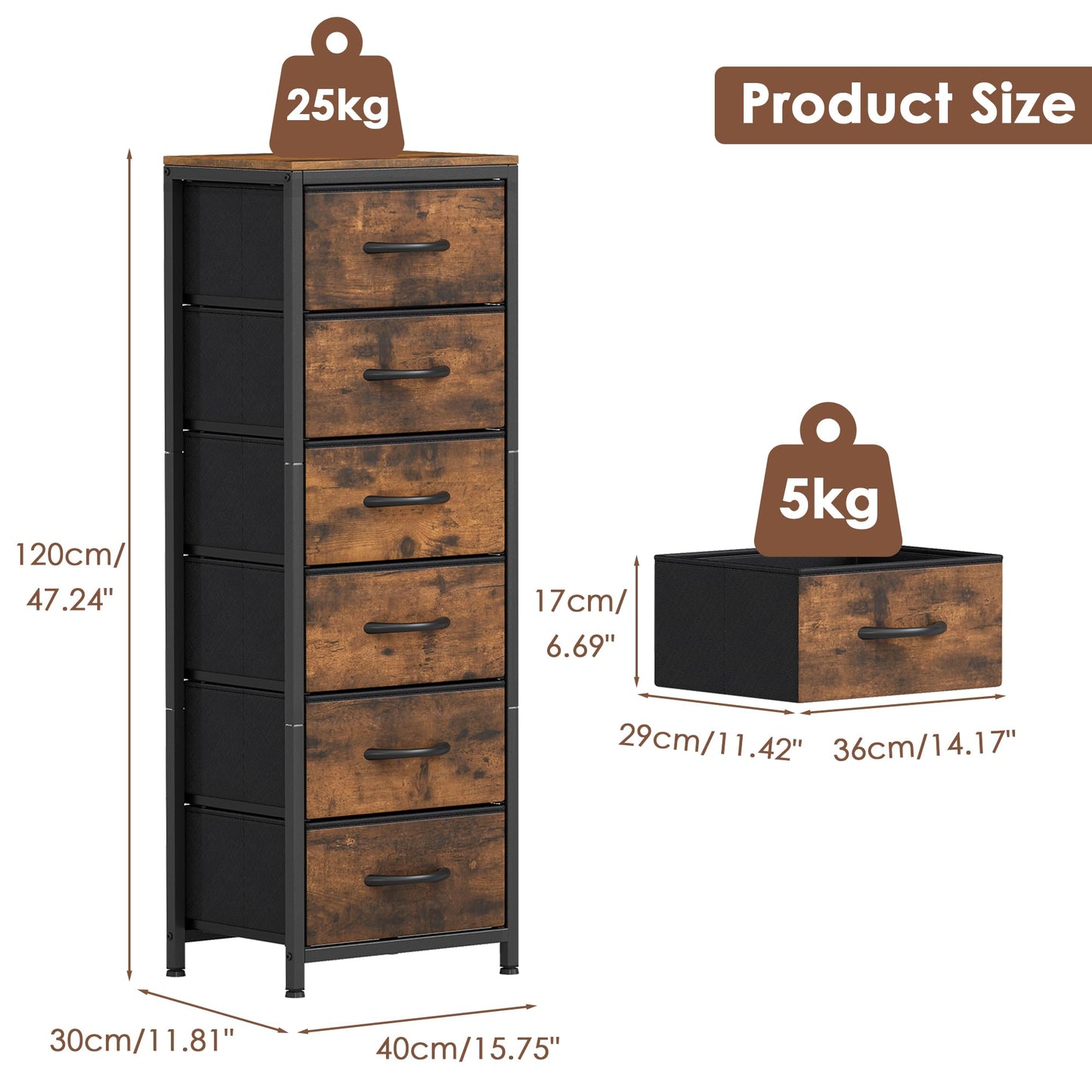 Turosur Chest of Drawers, Tall Chest of Drawers with 6 Fabric Drawers, Fabric Dresser for Bedroom, Living Rooms, Entryway Hallway