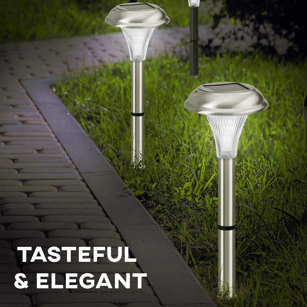 Solar Garden Lights for Outdoor  8 Brightest Light Set - Beautiful Brushed Stainless Steel - Transform Your Paths, Garden, Flowerbeds and Drive -