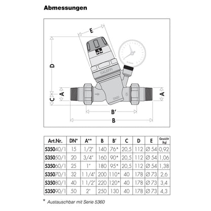 Caleffi Water Pressure Regulator 1/2 Inch DN15 Pressure Reducer for Water with able Cartridge and Pressure Gauge, Pressure Reducing Valve, Pressure