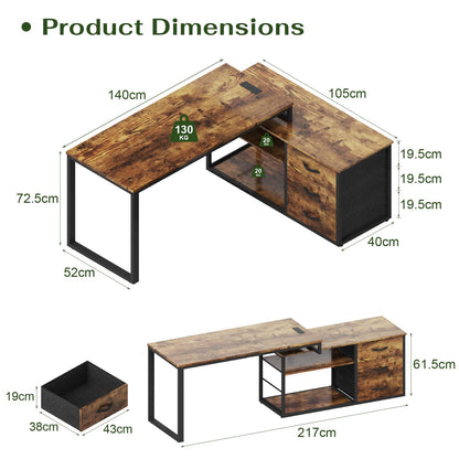 JUMMICO Corner Desk with 3 Drawers, Reversible L Shaped Computer Desk 140x105cm with Extra Storage Space,Office Desks with Power Outlet,Adjustable