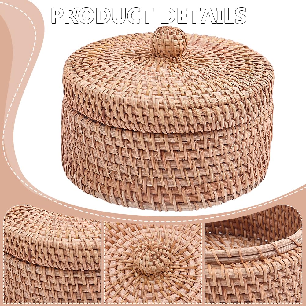 WADORN Round Rattan Storage Box with Lid, Handmade Woven Storage Basket Natural Multi-Purpose Wicker Rattan Basket Small Decorative Baskets Box for