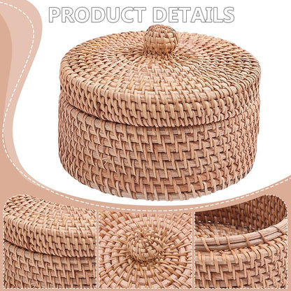 WADORN Round Rattan Storage Box with Lid, Handmade Woven Storage Basket Natural Multi-Purpose Wicker Rattan Basket Small Decorative Baskets Box for