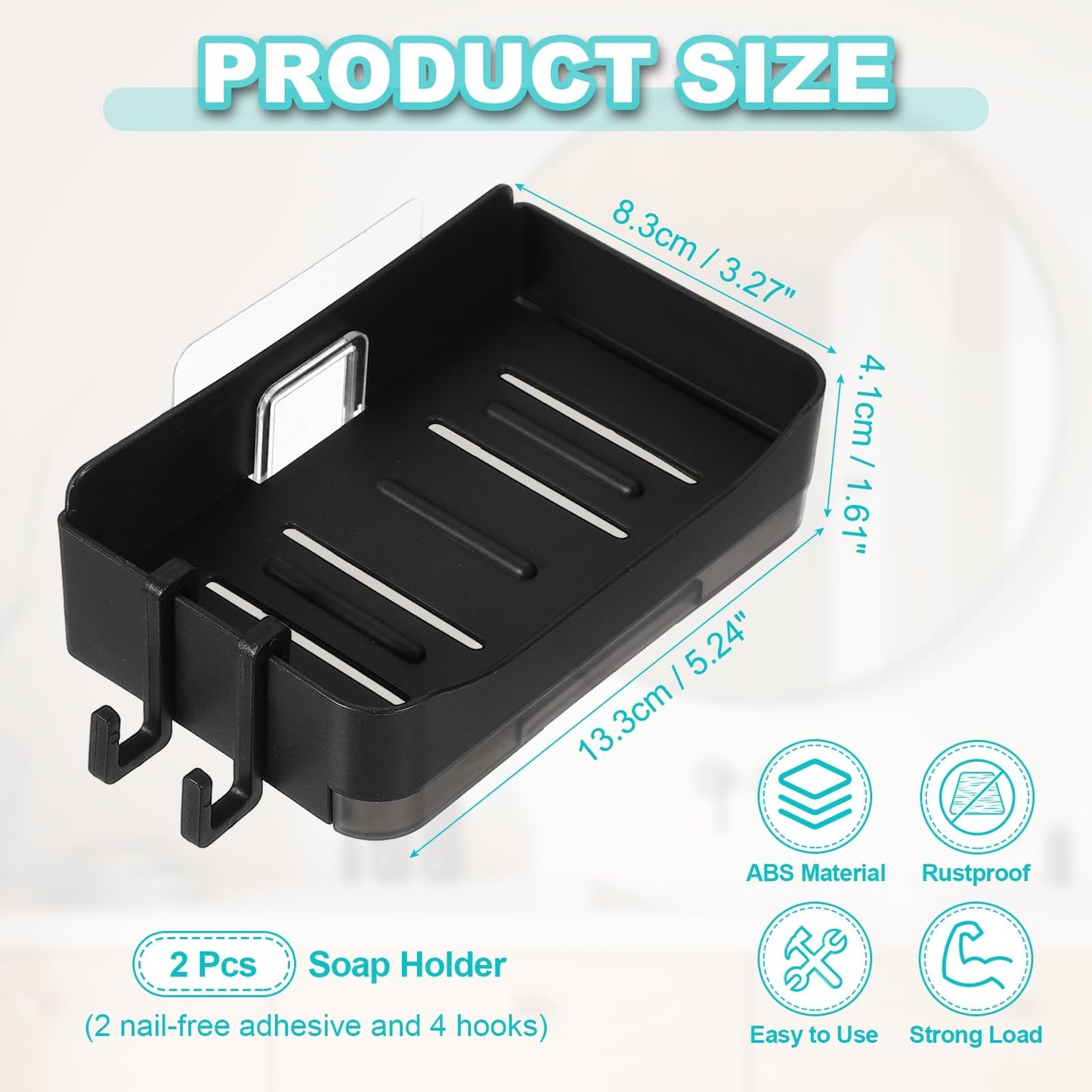 sourcing map 2 Pcs Self-Adhesive Shower Soap Holder, No Drilling Wall Mounted Soap Dish with 2 Bottom Tray and 4 Hooks for Bathroom Kitchen Sink