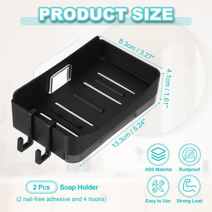 sourcing map 2 Pcs Self-Adhesive Shower Soap Holder, No Drilling Wall Mounted Soap Dish with 2 Bottom Tray and 4 Hooks for Bathroom Kitchen Sink
