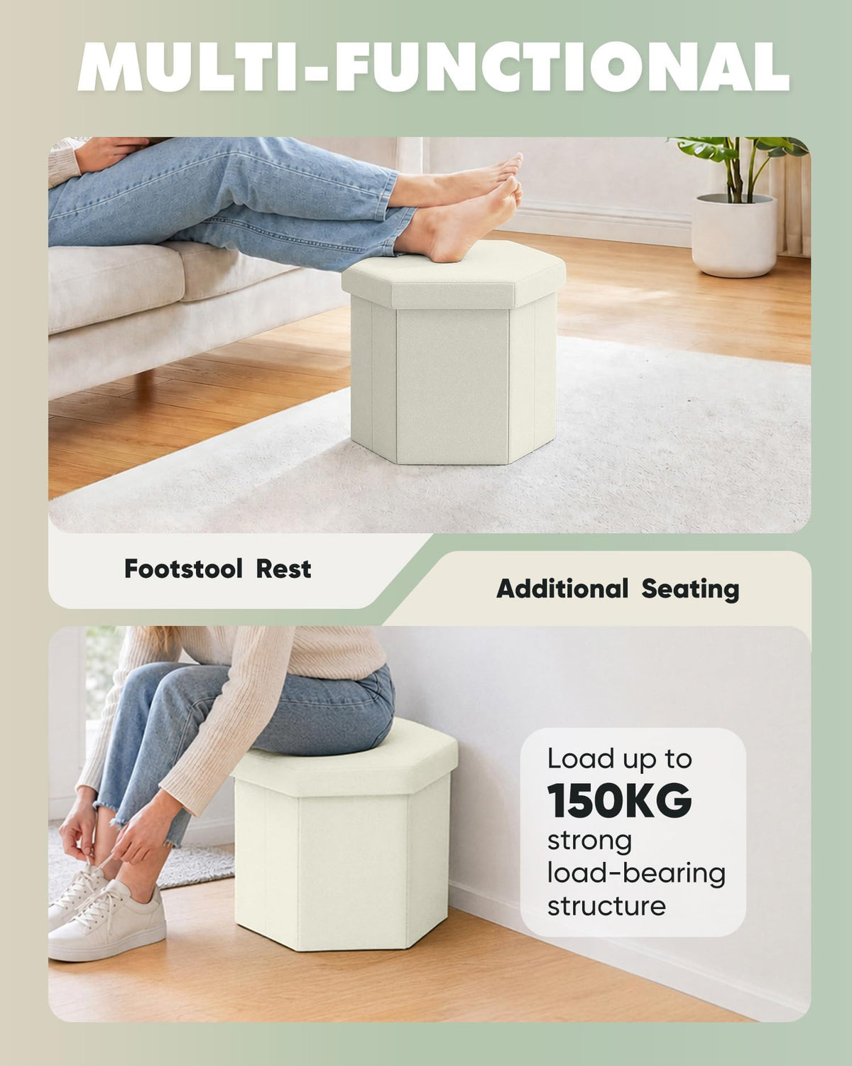 Bonlife Folding Storage Ottoman Hexagonal, Footrest with Toy Ches Box, 43cm