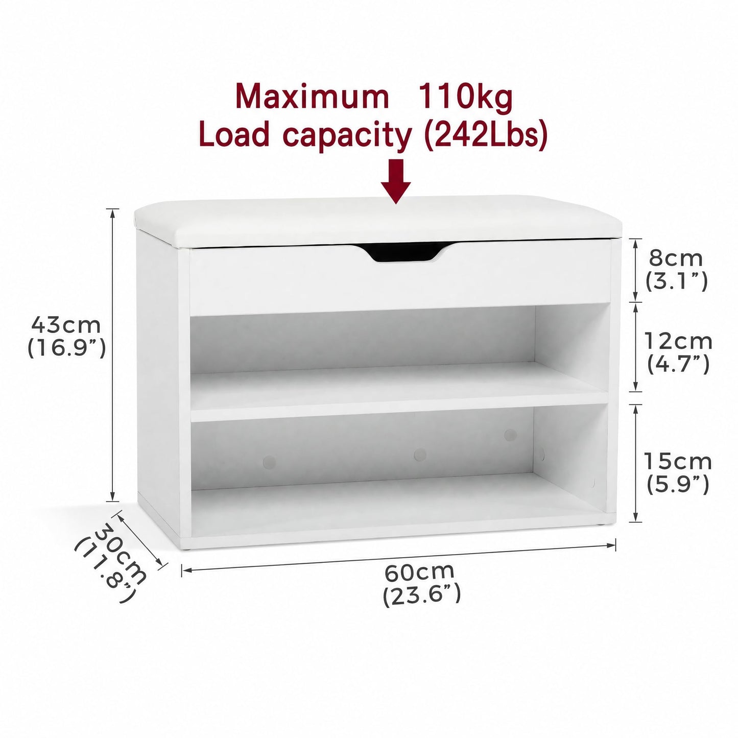 Mondeer Shoe Storage Bench, 60 cm Wide with Folding Padded Seat, White