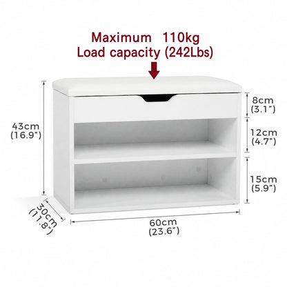 Mondeer Shoe Storage Bench, 60 cm Wide with Folding Padded Seat, White