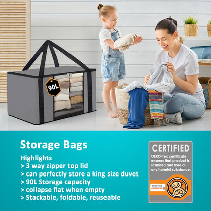 Joybees Clothes Storage Bags with Lids, 3-Pack, 90L Large Foldable Boxes with Zipper & Clear Window, Thick Scratch-Resistant Material