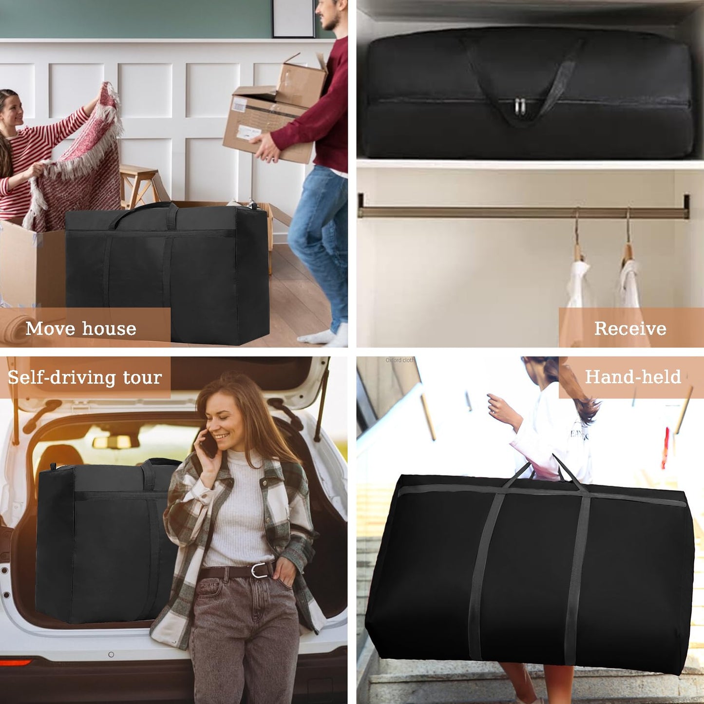 4 Pack 125L Large Storage Bags with Zips, Waterproof 600D Oxford Moving Bags, Clothes Storage Bag for Duvets, Laundry, House Garden, Underbed Storage