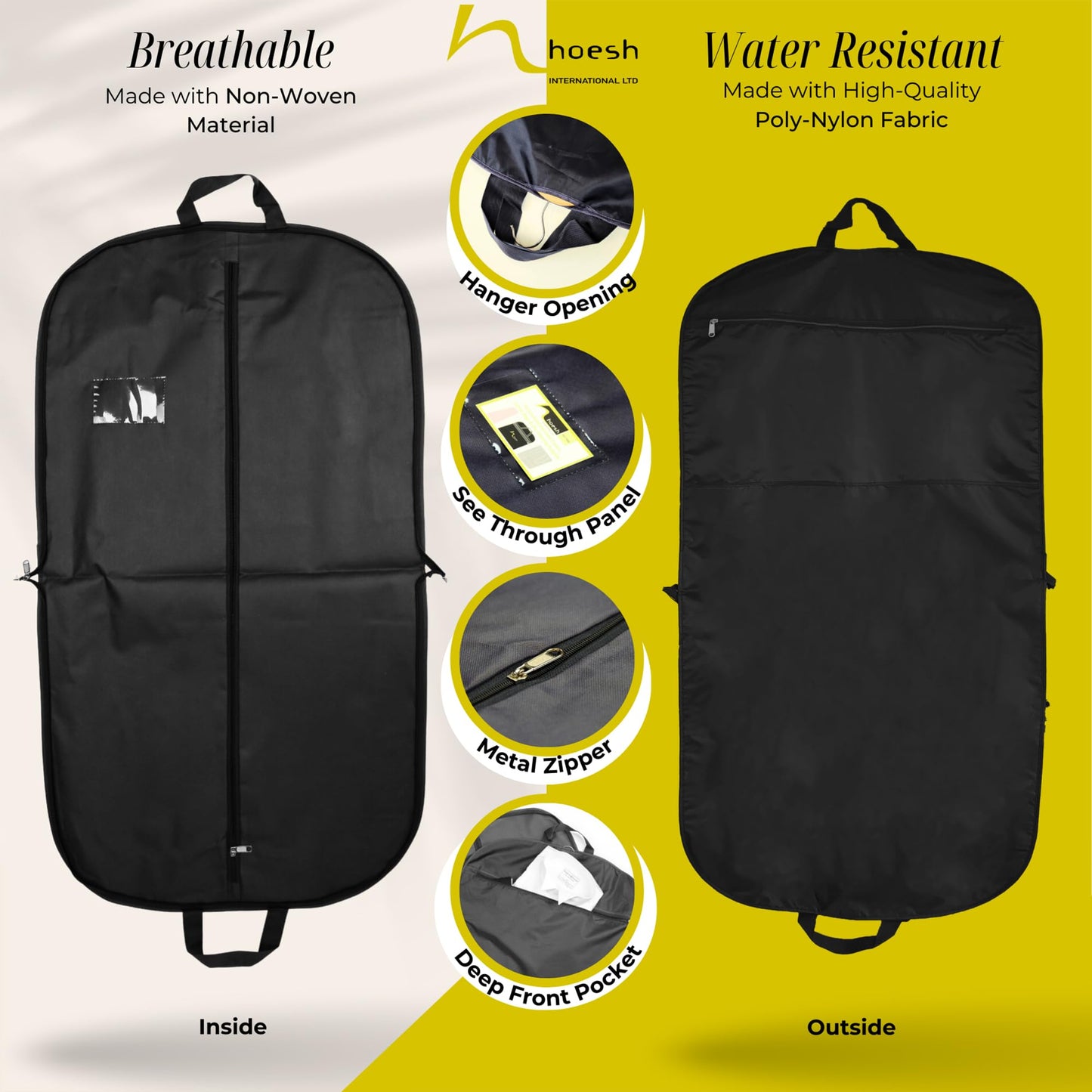 Hoesh UK - Black 44" Waterproof Mens Suit Garment Protection Carrier - clothes bags, suit bag for men, travel garment bags, suit covers