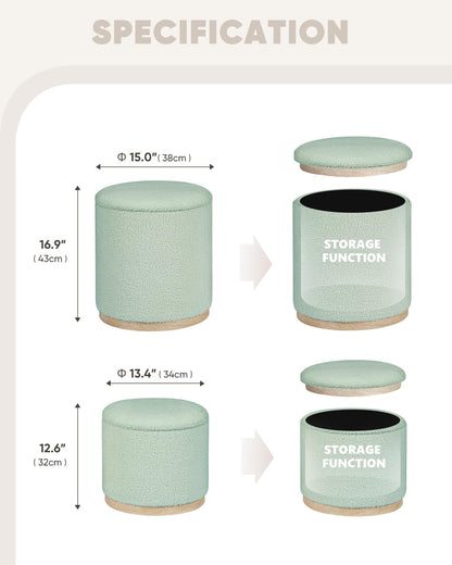 Bonlife Set of 2 Round Ottoman with Tray, Vanity Stool with Storage