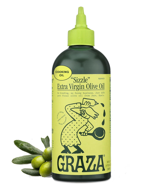 Graza Sizzle Extra Virgin Olive Oil, Cooking Oil - High Polyphenol Peak Harvest EVOO Cooking Oil in a Squeeze Bottle - Single Farm Olives from Spain -