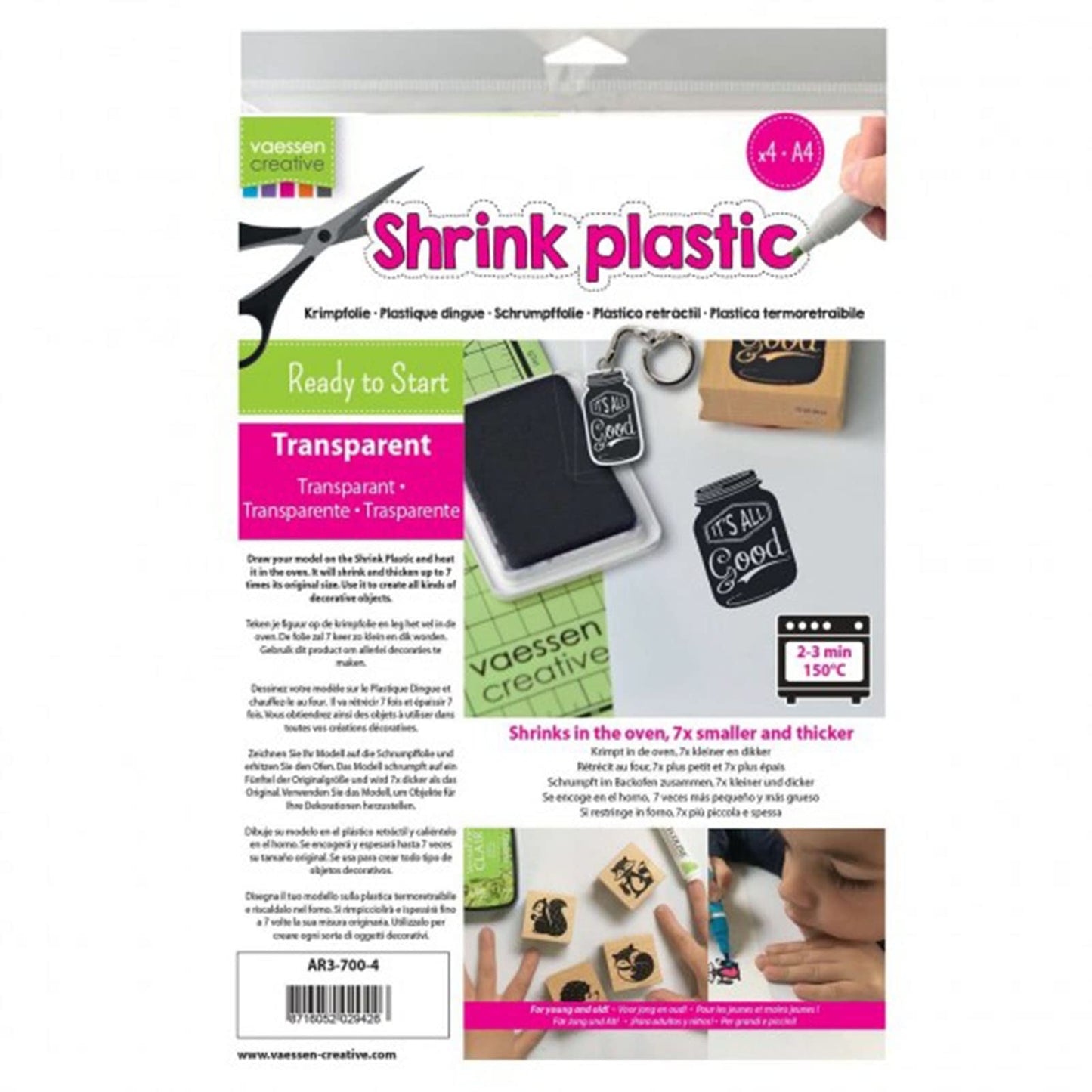 Vaessen Creative Shrink Plastic, Transparent, 4 Sheets, 21 x 30 cm, Fun Arts and Crafts Projects For All Ages