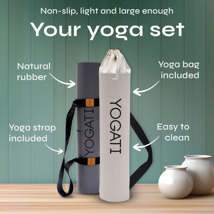 YOGATI Natural Rubber Yoga Mat with Yoga Bag and Carry Strap. Non-Slip Yoga Mat for women and men with Alignment lines. Perfect Exercise Mat for home.