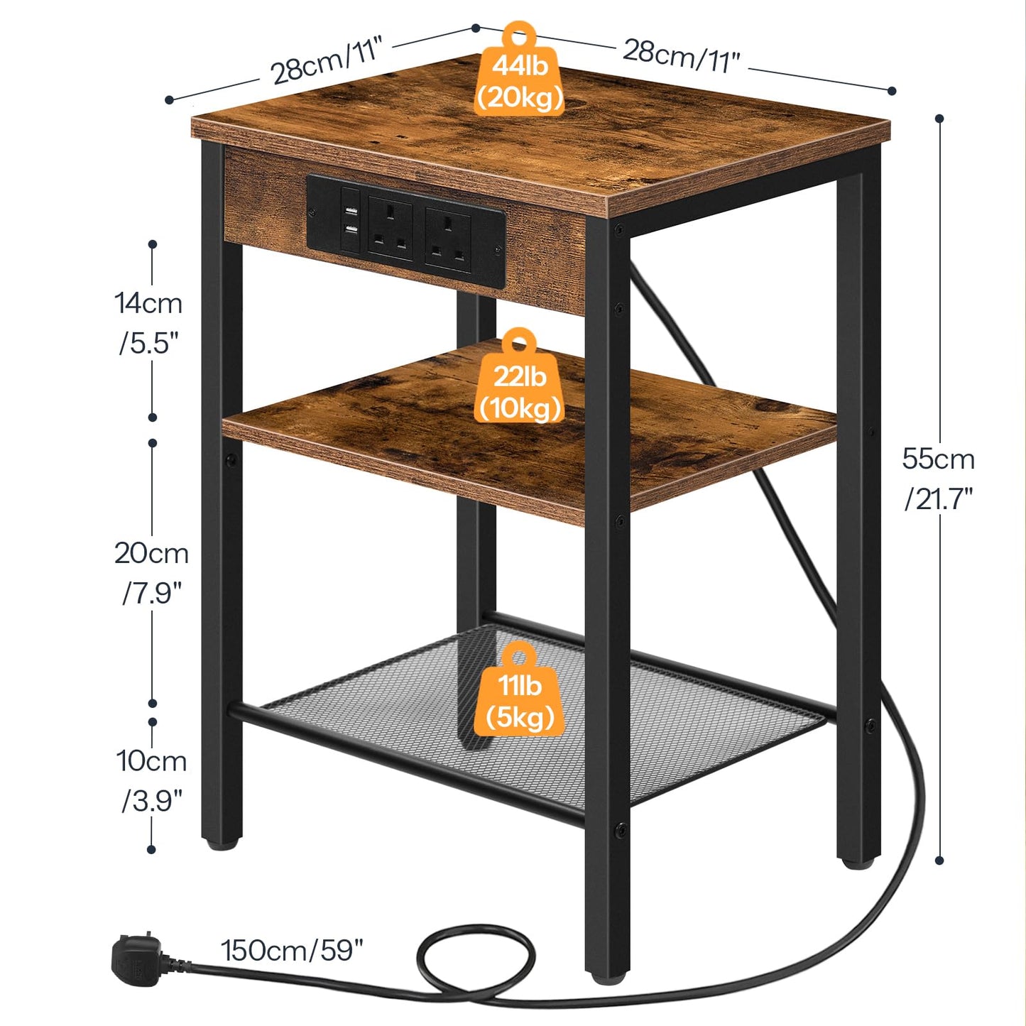 HOOBRO Side Table with Charging Station, Bedside Table with Charging Station, 2 Sockets and 2 USB Ports, Narrow Side Table, 3-Tier Bedside Table,