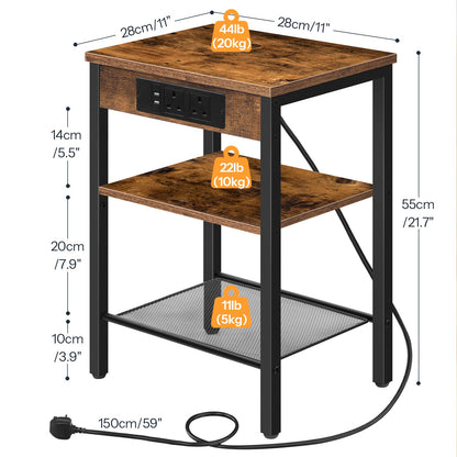 HOOBRO Side Table with Charging Station, Bedside Table with Charging Station, 2 Sockets and 2 USB Ports, Narrow Side Table, 3-Tier Bedside Table,
