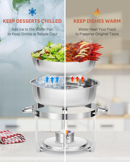 WILPREP Chafing Dish Buffet Set, 2 Pack 5.5L Round Chafers for Catering with Glass Lid & Lid Holder Water Food Pan, Stainless Steel Food Warmers