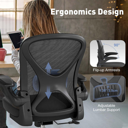 Keratee Ergonomic Mesh Office Chair with Adjustable Lumbar Support ＆ Flip-up Arms, Breathable Computer Home Desk Chair with 360 & Height Adjustment