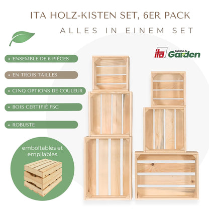 ITA Alina Wooden Crates Set, 6 Storage Crates in 3 Sizes, Decorative Wooden Storage Boxes, Stackable & Nestable, FSC-Certified Wood, Made in EU