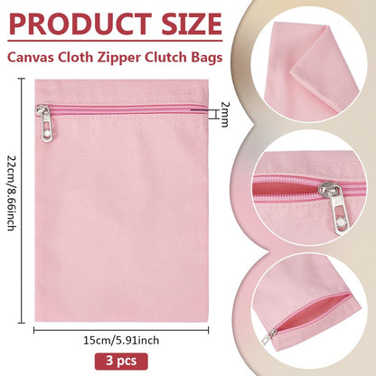 BENECREAT 3 Pack Canvas Sew-in Side Pocket with Zipper 8.66x5.91 Inch/ 22x15cm Hidden Security Pocket for Jackets Coats and Clothing, Pink
