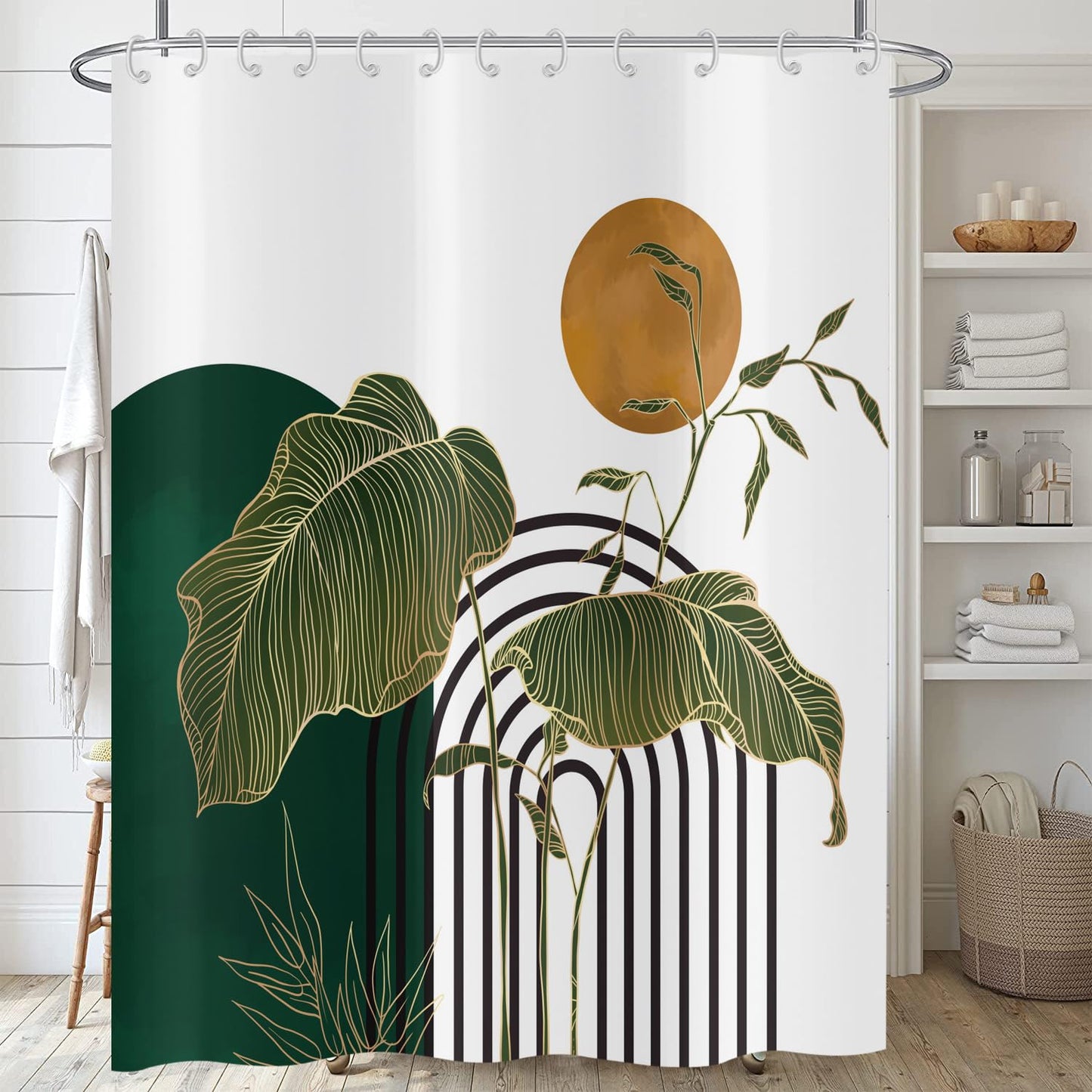 ASDCXZ Boho Shower Curtain 180x200 cm, Modern Abstract Art Green Gold Tropical Leaves Sun White Bath Washable Shower Curtains Polyester Textile