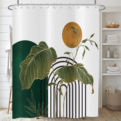 ASDCXZ Boho Shower Curtain 180x200 cm, Modern Abstract Art Green Gold Tropical Leaves Sun White Bath Washable Shower Curtains Polyester Textile