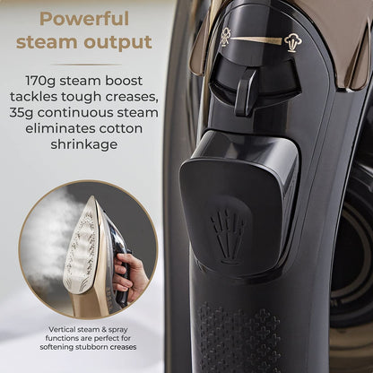 Tower T22022GLD Ceraglide 360 Cord Cordless Steam Iron with Rapid Heat-Up and Recharge, 2800W, Black and Gold
