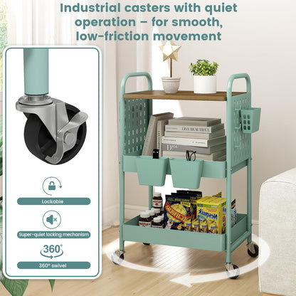 danpinera 3 Tier Rolling Cart, Metal Utility Cart with Wooden Table Top & DIY Pegboard, Rolling Carts