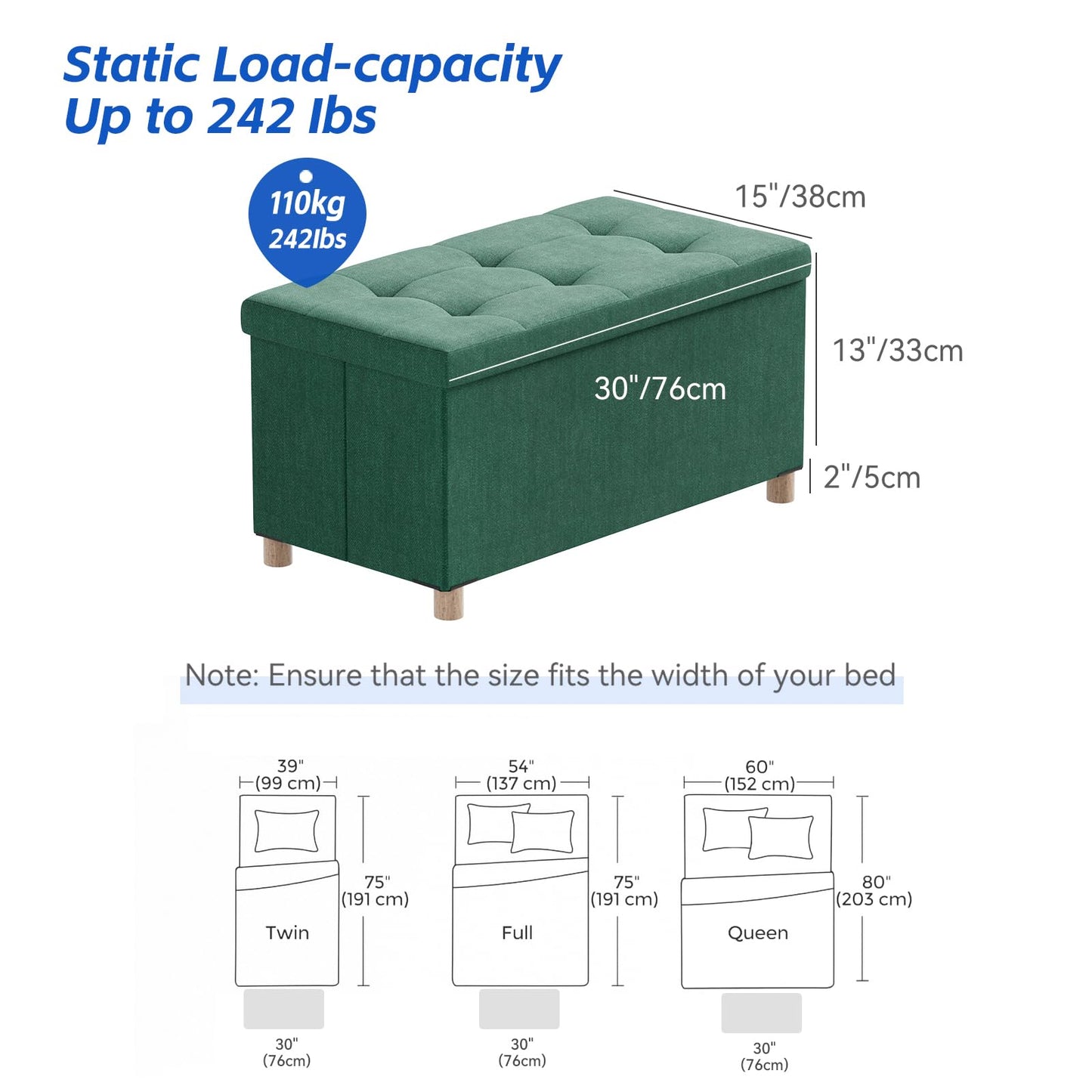 BRIAN & DANY Ottoman Storage Box with 4 Wood Legs, Linen Storage Ottoman for Living Room, Dark Green, 76 x 38 x 38 cm