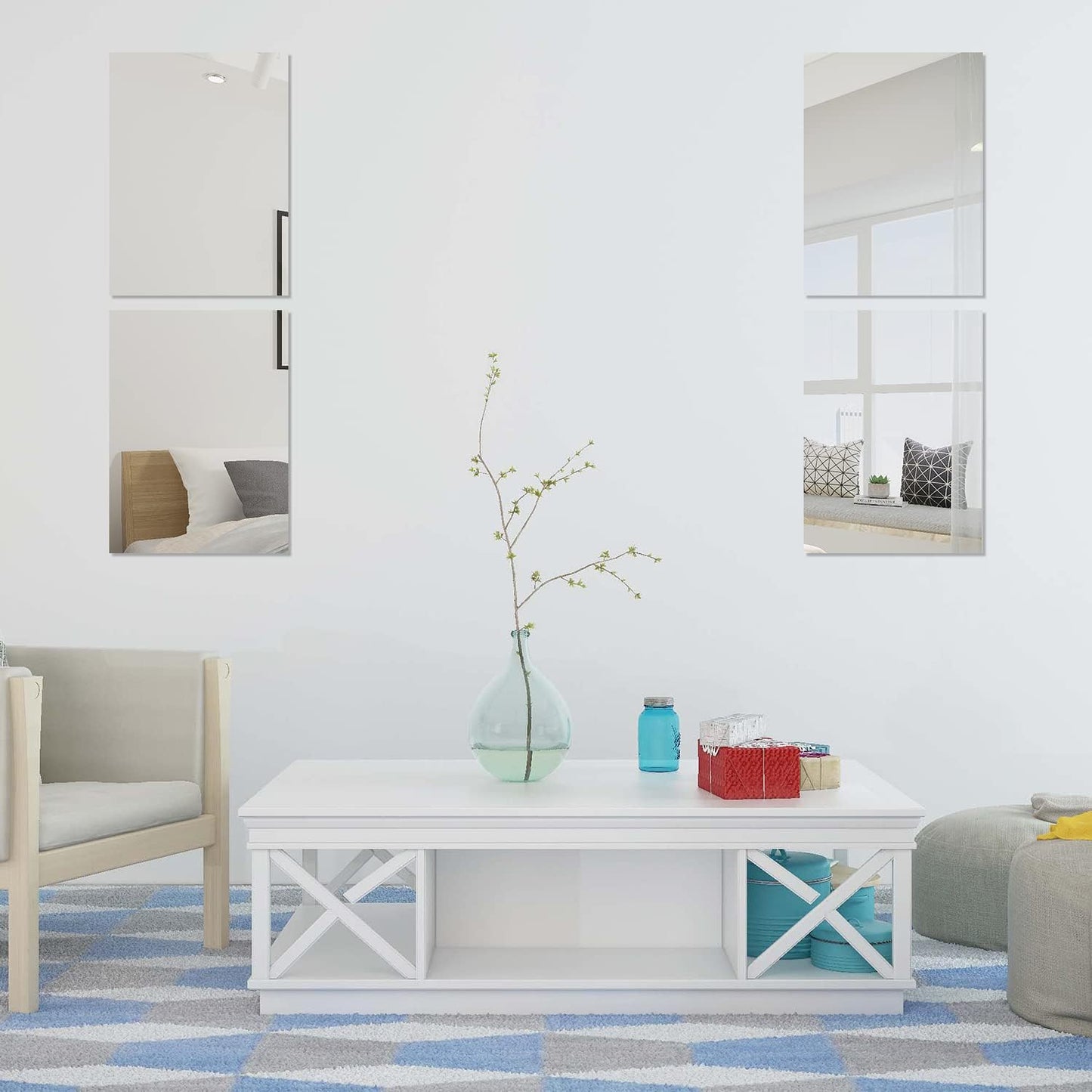 TSKDKIT 4Pcs HD Wall Mirror Self Adhesive Glass Mirrors Full Length Mirror Stick On Frameless Large Adhesive Mirrors Tile for Bathroom, Bedroom,