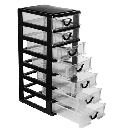 Rempry 7.1"x5.1"x13.2" Mini Organizer Box Storage Container Case with 7 Clear Desktop Drawer Units,Black
