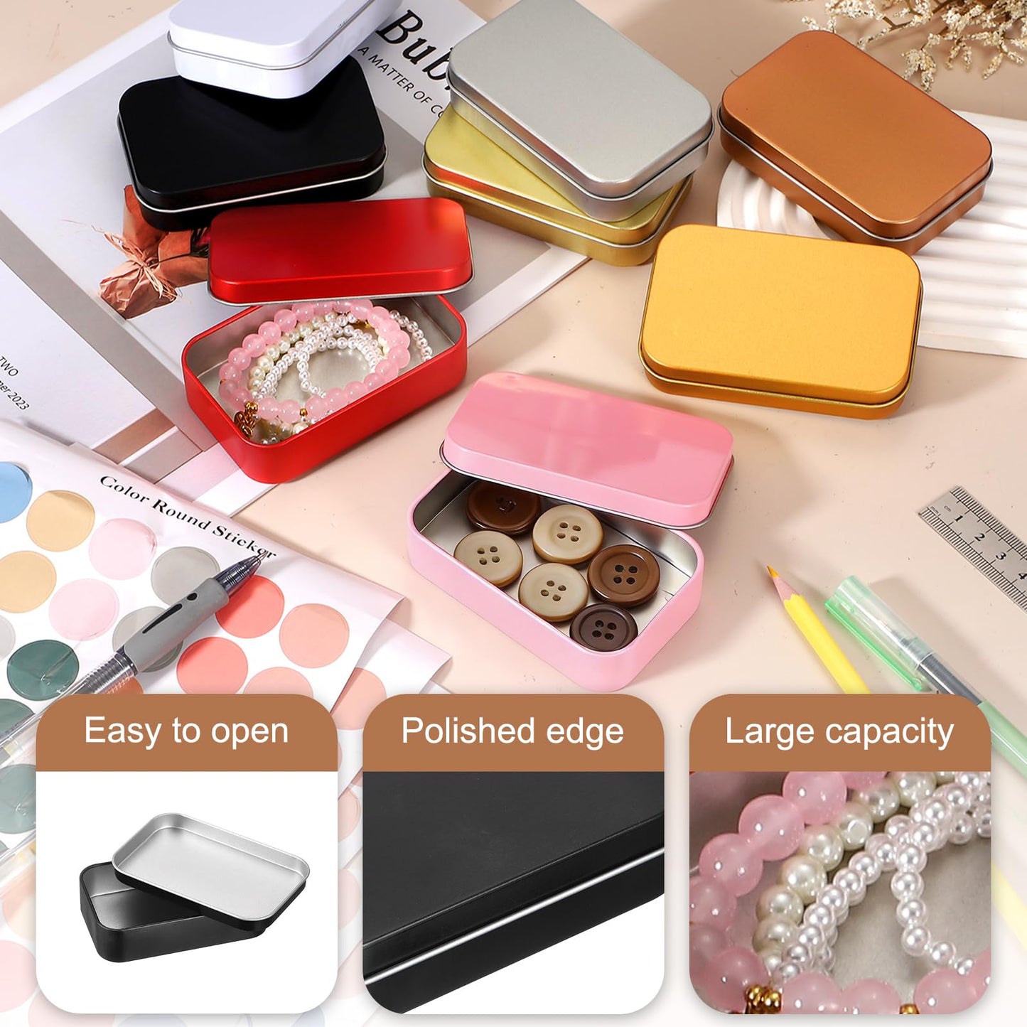 sourcing map 2Pcs Metal Tin Box Container, 3.7x2.4x0.9 Rectangular Empty Box with Self Adhesive Colored Stickers