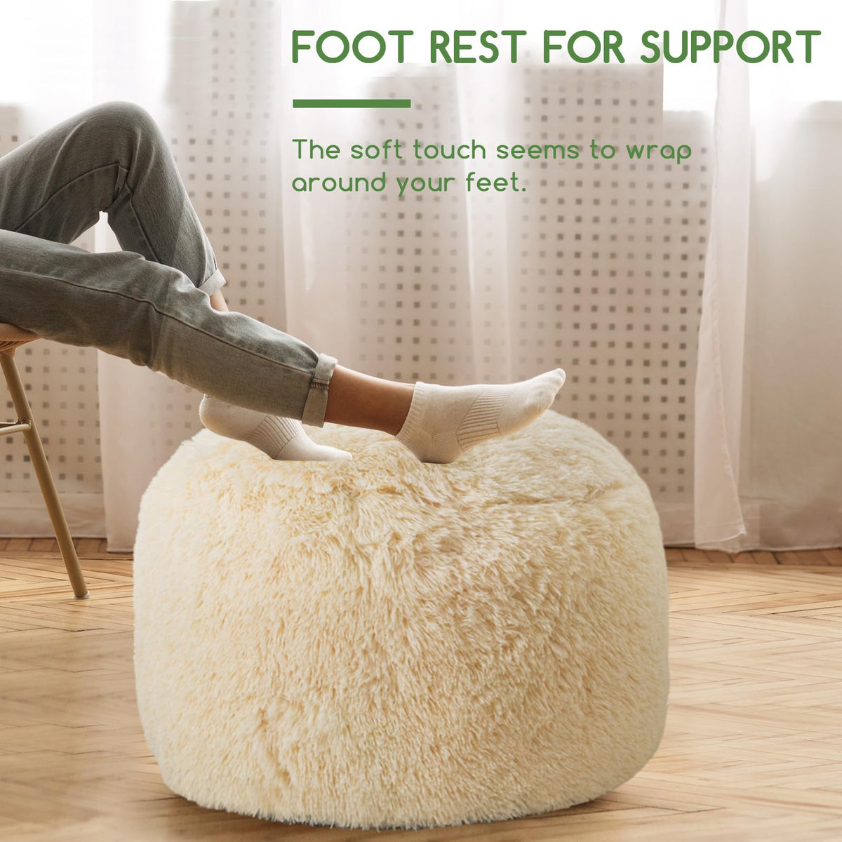 HIGOGOGO Faux Fur Beanbags Round Footstool Bean Bag Pouf with Foam Chunk Filling, 65 x 45 cm Floor Poufs Foot Rest for Living Room, Beige