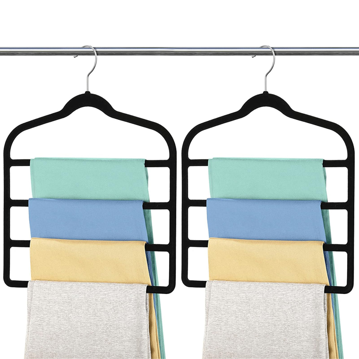 2PCS Velvet Trouser Hangers, Trouser Hanger Space Saving, Black Velvet Hanger, Multiple Layer Wardrobe Organiser for Pants, Jeans, Scarves