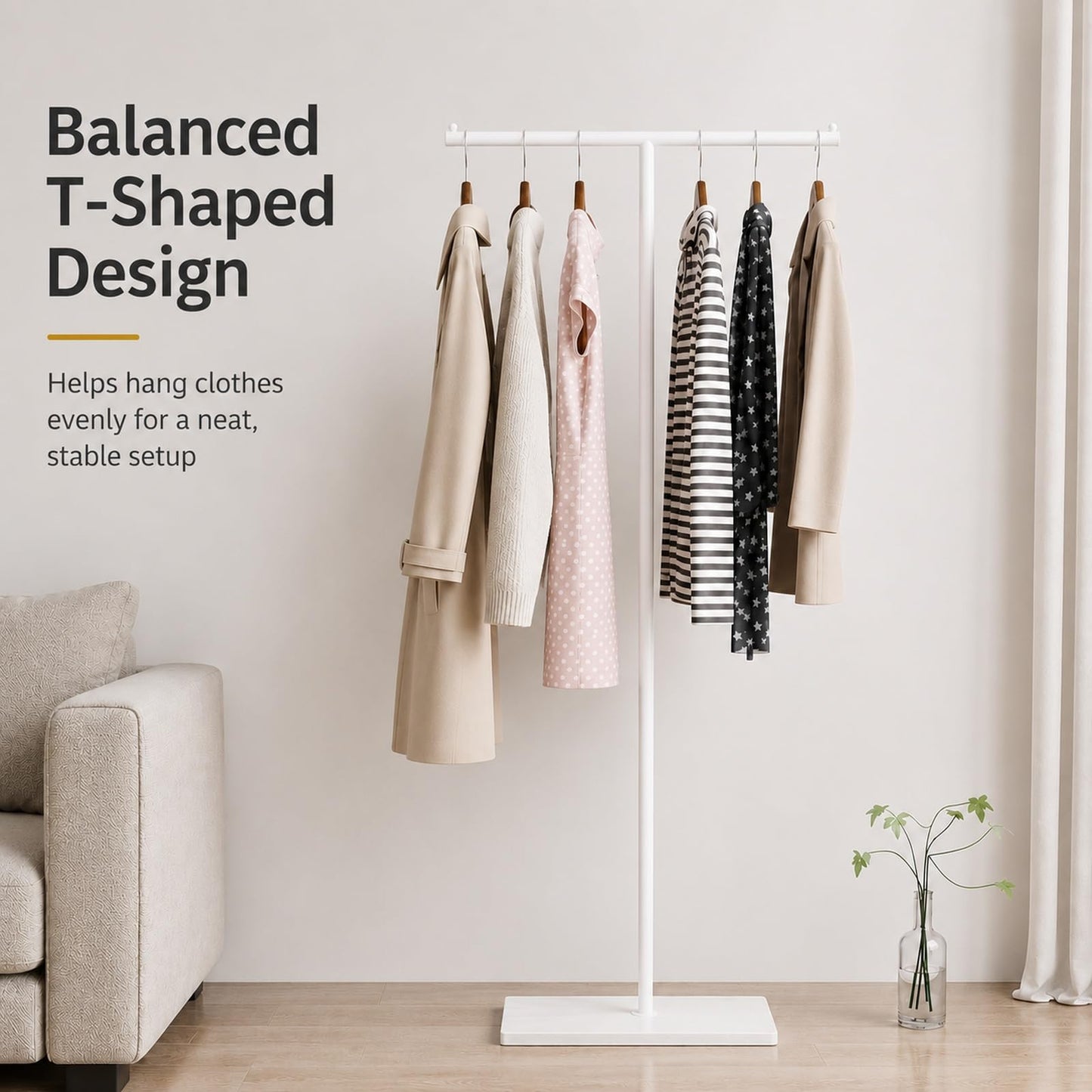 GOOGO T-Shaped Coat Rail Freestanding, Heavy Duty Metal Clothes Rack with Stone-Effect Base, 175 cm Modern Coat Stand for Hallway, Entryway, Bedroom