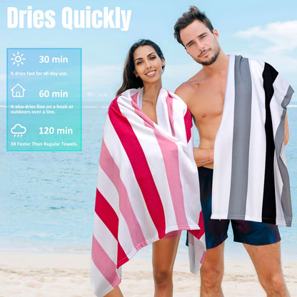 Ouxiaobai Large Oversized Beach Towel - Microfiber Sand Free 35 x 70 Inch Quick Dry Lightweight Pool Towel for Adults, Thin Striped Swim Towel (Pink)