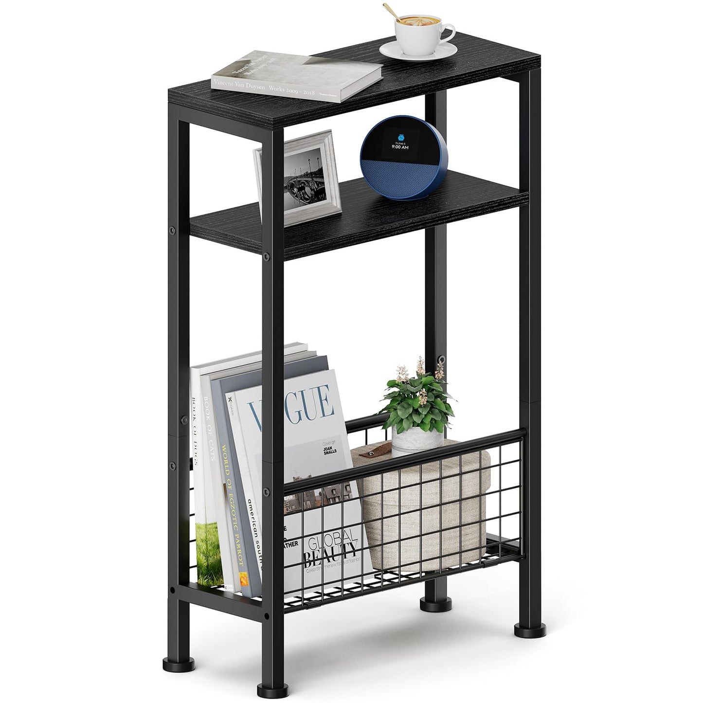 Yuede Narrow Side Table with Magazine Rack, 3-tier Slim Bedside Table, Small End Table for Living Room, Bedroom, MDF & Metal Frame (Black)