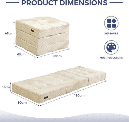 MAXYOYO Folding Mattress, Comfy Corduroy Foldable Mattress with 15cm Thicken Foam, Tri-Fold Floor Futon Sofa Bed for Guest,Off-white,Single