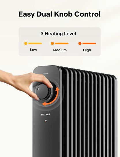 PELONIS PHOENIX 13M Oil Filled Radiator 2500W, Silent Space Heater - 13 Fins with Adjustable Thermostat, Black