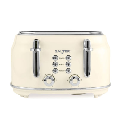 Salter EK5739CRM Retro 4-Slice Toaster  Wide Slots, 6 Browning Levels, Defrost, Reheat, Cancel Functions, Removable Crumb Tray, Extra Thick