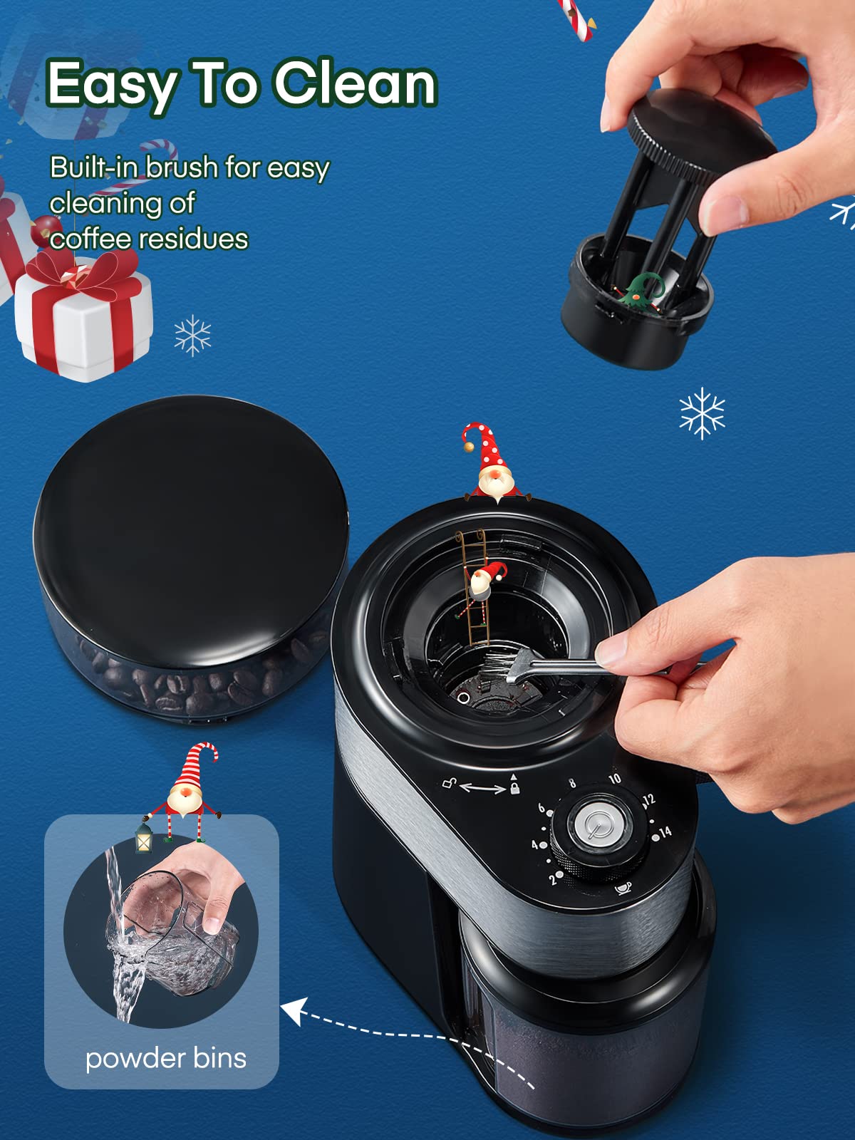 Coffee Grinder Burr Electric, 18 Precise Grind Setting, 2-14 Cup, 200W Coffee Grinder for Drip Coffee/French Press, 250g Capacity, with Brush Easy to